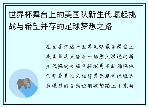 世界杯舞台上的美国队新生代崛起挑战与希望并存的足球梦想之路